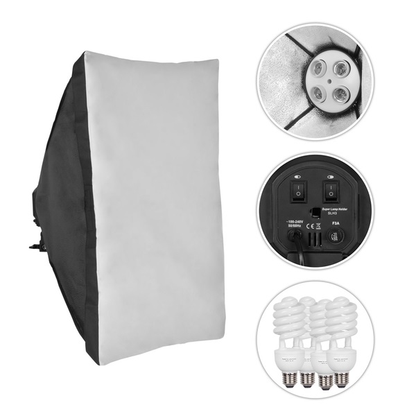 GlareOne Sunny SQ4X6-900 zestaw oświetleniowy: SOFTBOX 40X60cm na 4św. + 4 świetlówki 45W 5400K