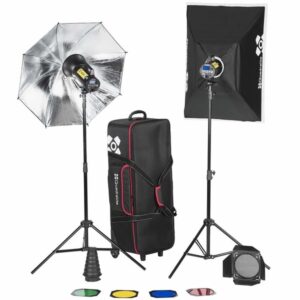 QUADRALITE Move X 400 Kit zestaw studyjny: 2 lampy, 2 statywy, czasza, parasol, softbox, wrota, strumienica