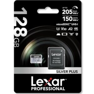 Karta pamięci LEXAR PRO microSDXC 128GB SILVER PLUS UHS-I U3 V30 205MB/s Class10 R205/W150 ZAPIS 150MB/s, A2, 4K + REDUKCJA NA SDXC
