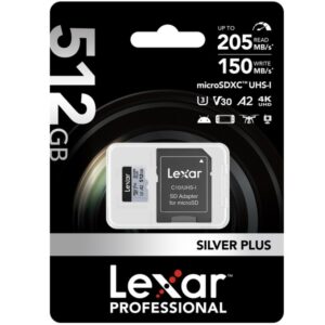Karta pamięci LEXAR PRO microSDXC 512GB SILVER PLUS UHS-I V30 U-3 class10 205MB/s R205/W150 + REDUKCJA NA SDXC, + LAMPKA LED