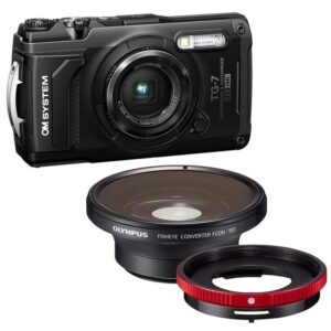 OLYMPUS OM SYSTEM Tough TG-7 czarny + Konwerter rybie oko FCON-T01 + adapter/zaślepka CLA-T01