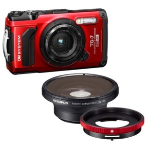 OLYMPUS OM SYSTEM Tough TG-7 czerwony + Konwerter rybie oko FCON-T01 + adapter/zaślepka CLA-T01