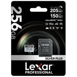 Karta pamięci LEXAR PRO microSDXC 256GB SILVER PLUS UHS-I U3 V30 205MB/s Class10 R205/W150 ZAPIS 150MB/s, A2, 4K + REDUKCJA NA SDXC