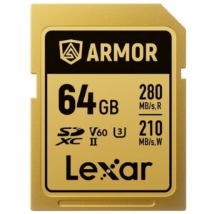 Karta pamięci LEXAR SDXC 64GB ARMOR Gold UHS-II U3, Stainless Steel, IP68 R280/W210 (V60), PANCERNA, ODPORNA na WSZYSTKO