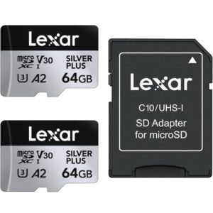 2szt Karta pamięci LEXAR PRO microSDXC 64GB SILVER PLUS UHS-II U3 V30 205MB/s Class10 R205/W100 ZAPIS 100MB/s, A2, 4K + REDUKCJA na SDXC - DWUPAK