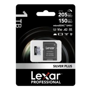 Karta pamięci LEXAR PRO microSDXC 1TB (1024GB) SILVER PLUS UHS-I V30 U-3 class10 205MB/s R205/W150 + REDUKCJA NA SDXC + LAMPKA LED GRATIS