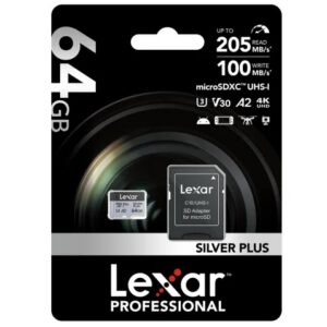 Karta pamięci LEXAR PRO microSDXC 64GB SILVER PLUS UHS-I U3 V30 205MB/s Class10 R205/W100 ZAPIS 100MB/s, A2, 4K + REDUKCJA NA SDXC