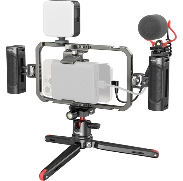 SmallRig 3384 All-in-One Video Kit, klatka z uchwytami, mikrofonem, statywem i lampą LED, zestaw do vlogowania dla smartofonów