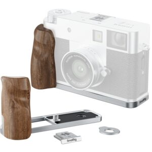FUJIFILM X HALF X-HF1 - SmallRig 5223 L-Shaped, srebrna Płytka montażowa w kształcie litery L z DREWNIANYM uchwytem do FUJIFILM X HALF X-HF1